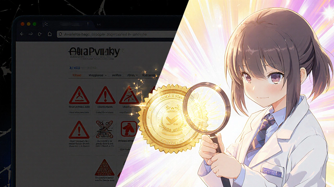 A split scene: dark fake pharmacy vs. bright accredited site, with a girl verifying the seal.