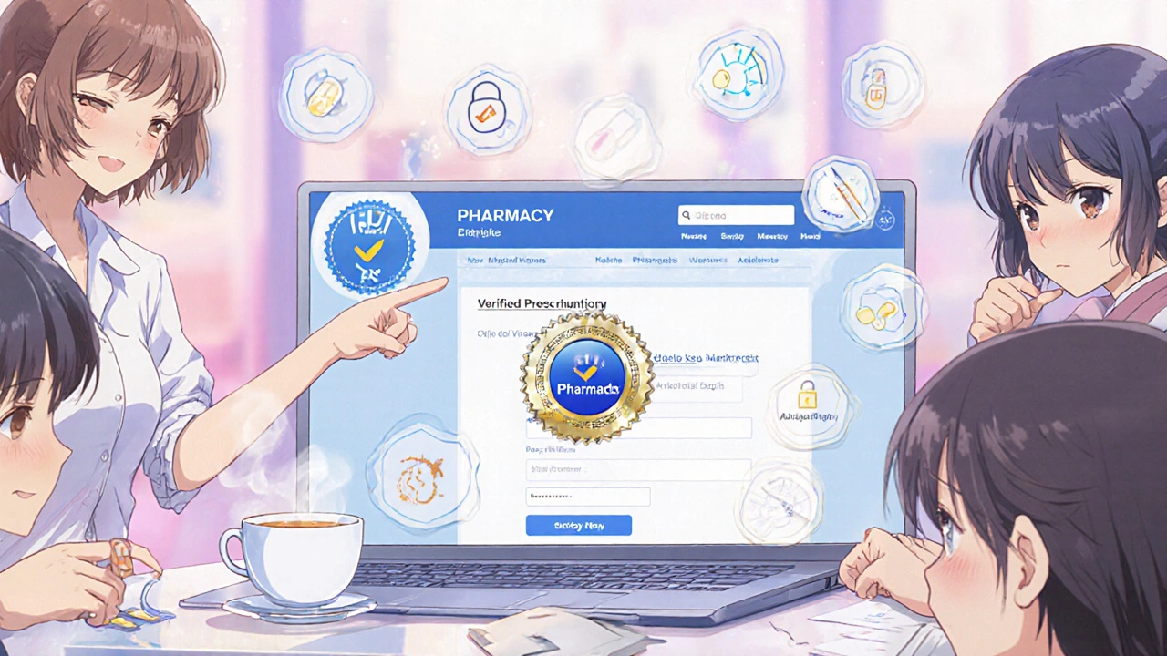 Friends examine a verified pharmacy website on a laptop, with safety icons floating around them.