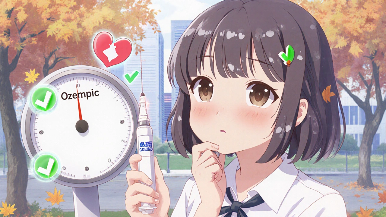 A girl holds an Ozempic pen with a scale showing weight loss and heart/kidney icons nearby.