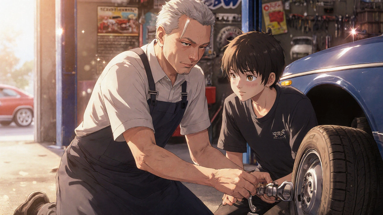 A man teaching a teen to change a tire at a community garage, smiling with renewed purpose in warm sunlight.