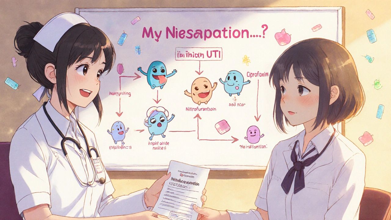 A nurse giving a patient nitrofurantoin prescription in a sunny clinic, with a cartoon flowchart showing safer antibiotic choices.