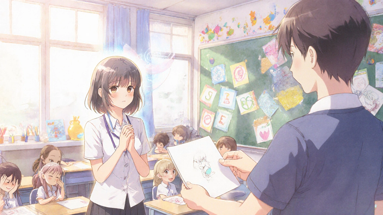 A teacher smiling gently as a student gives her a handmade card, surrounded by a bright classroom full of art.