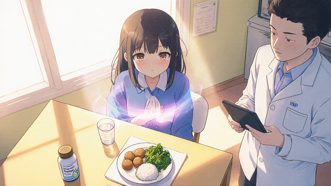 Anime girl drinking water and eating small meals with probiotic bottle nearby.