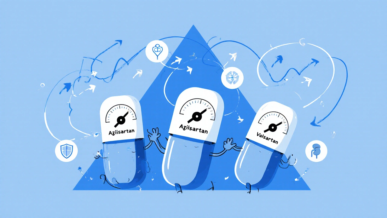 Cartoon showing three drug capsules with speed gauges, Azilsartan depicted as faster than the others.