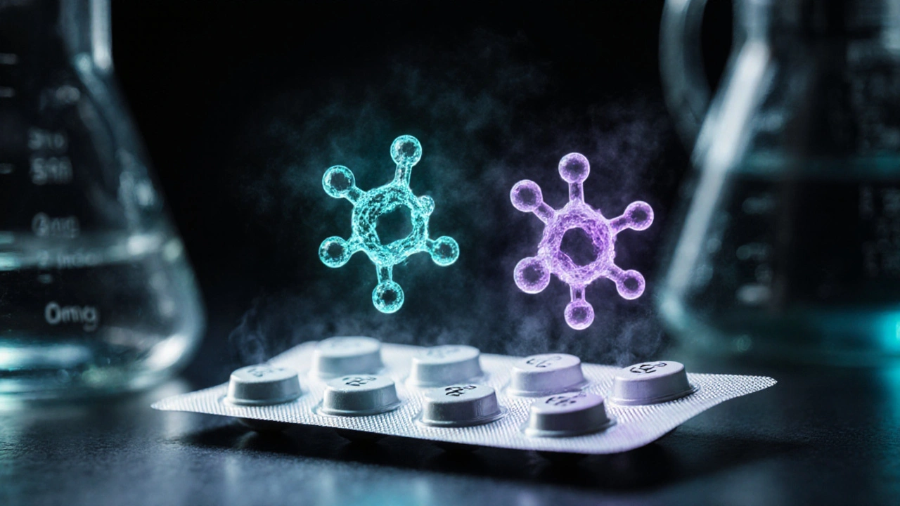 Close‑up of hormone molecules above a blister pack of generic birth‑control pills.