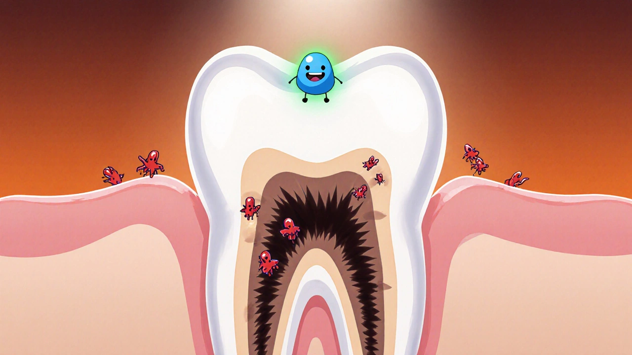 Cross‑section of a molar with deep pockets; a glowing antibiotic character enters the gum tissue.