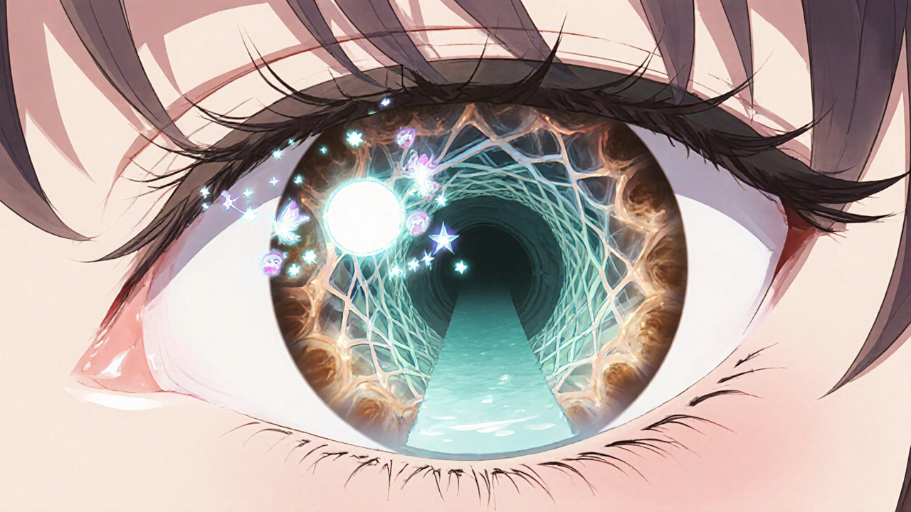 Cute eye illustration showing sparkling Latanoprost particles easing fluid drainage within the eye.