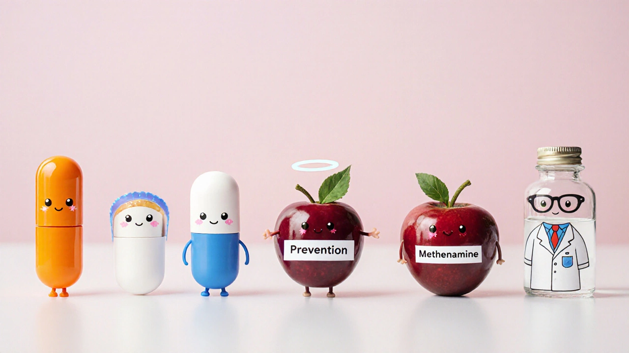 Cute medication characters lined up: phenazopyridine, ibuprofen, acetaminophen, cranberry, methenamine.