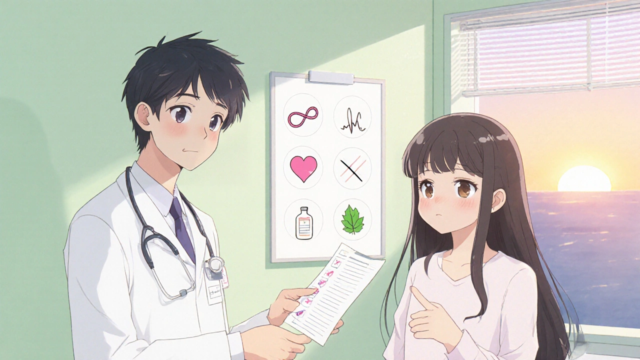 Dentist Shows safety checklist icons (tendon, heart, liver) to a patient in a pastel office.