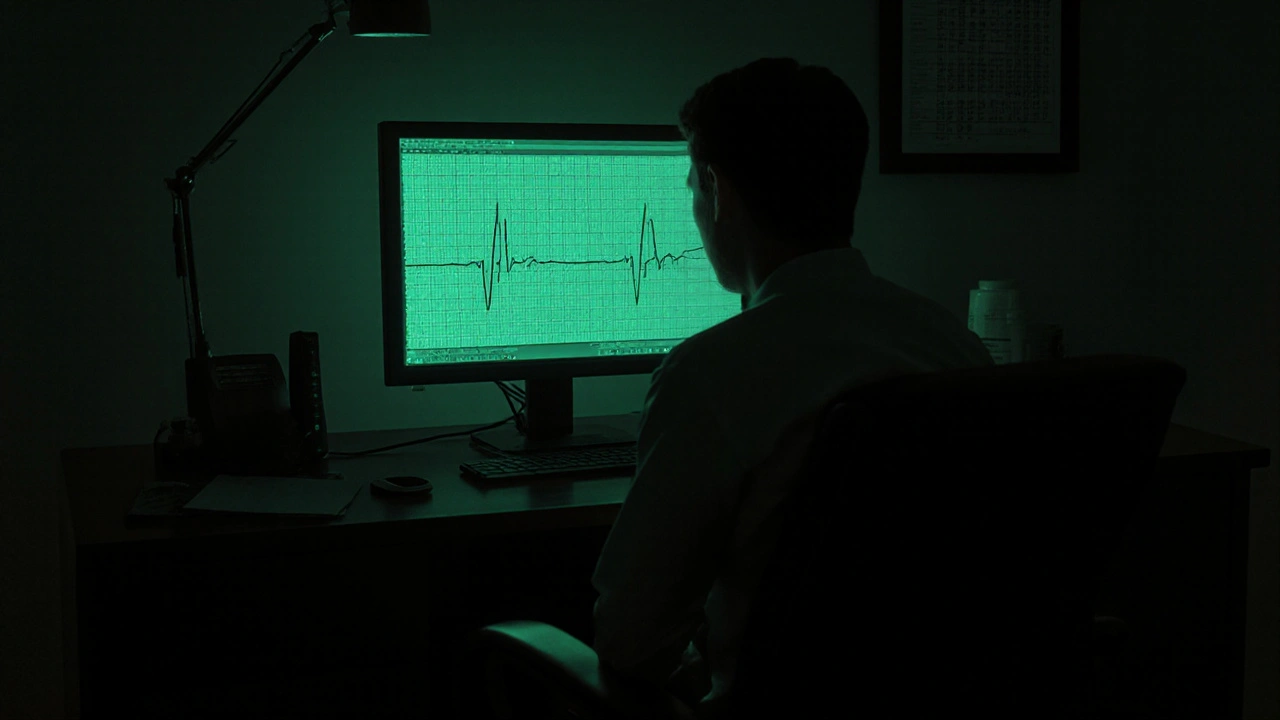 Dim doctor’s office with patient, psychiatrist, and an ECG monitor showing a heartbeat.