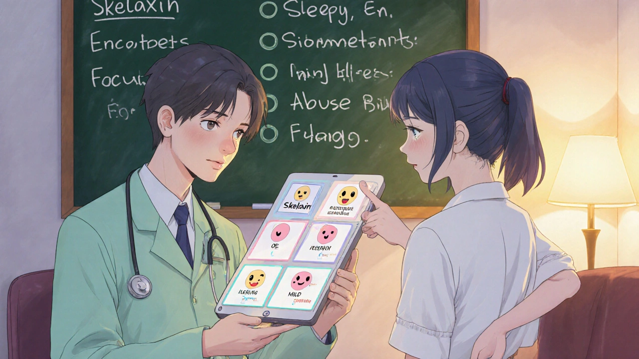 Doctor and patient discussing muscle‑relaxant options with cute icons on a tablet.