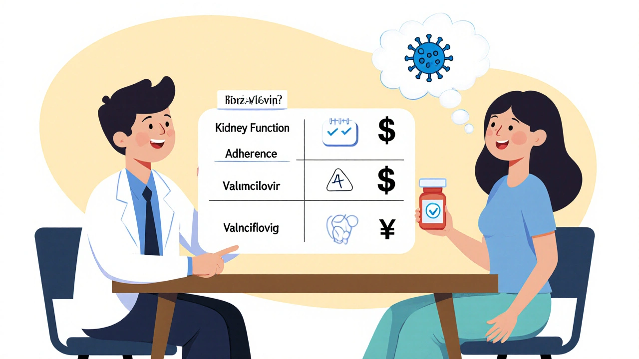 Doctor and patient reviewing a board of factors influencing antiviral choice.