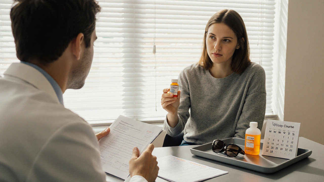 Doctor consulting patient holding doxycycline, sunscreen, and a calendar showing a 7‑day course.