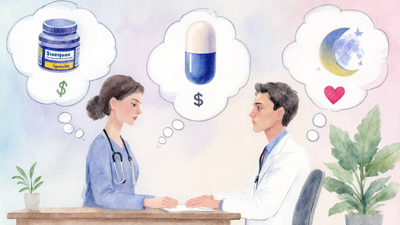 Doctor discussing medication options with a patient, thought bubbles showing different drug groups.