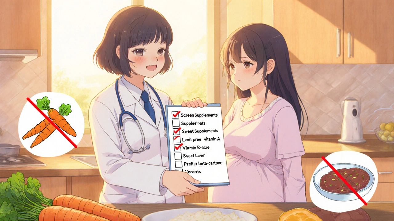 Doctor giving checklist to expectant mother with safe foods and crossed-out liver.