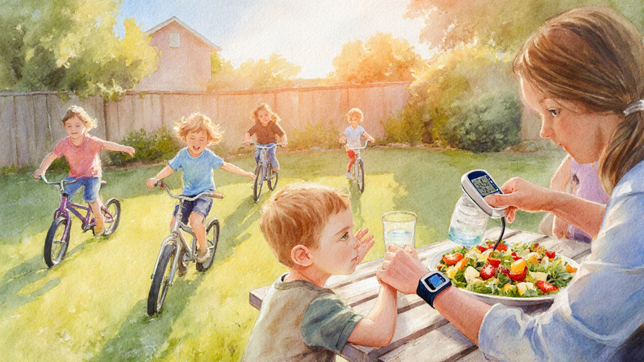 Family encouraging activity and healthy meals while a child checks blood pressure.