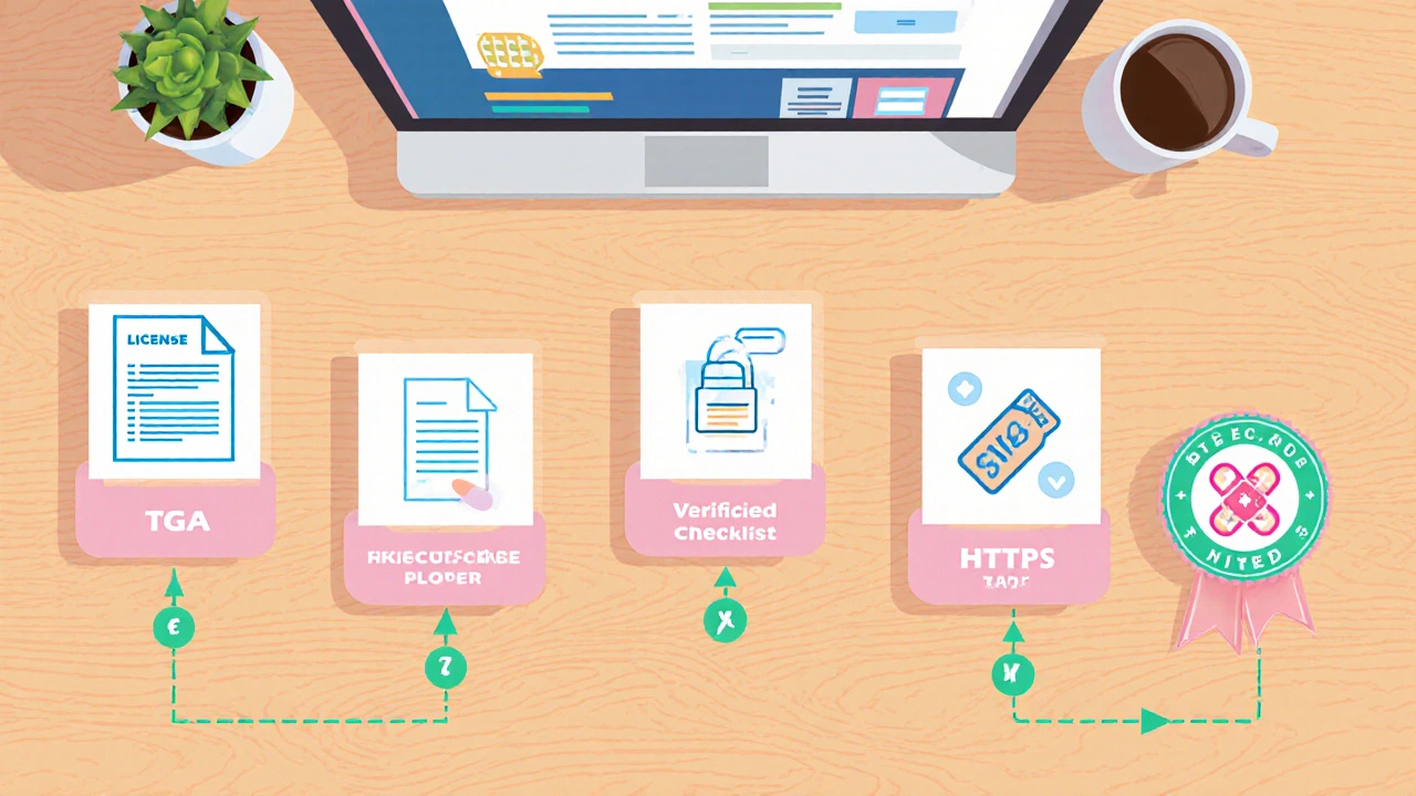 Flat illustration of a five‑step safety checklist for online pharmacy verification.