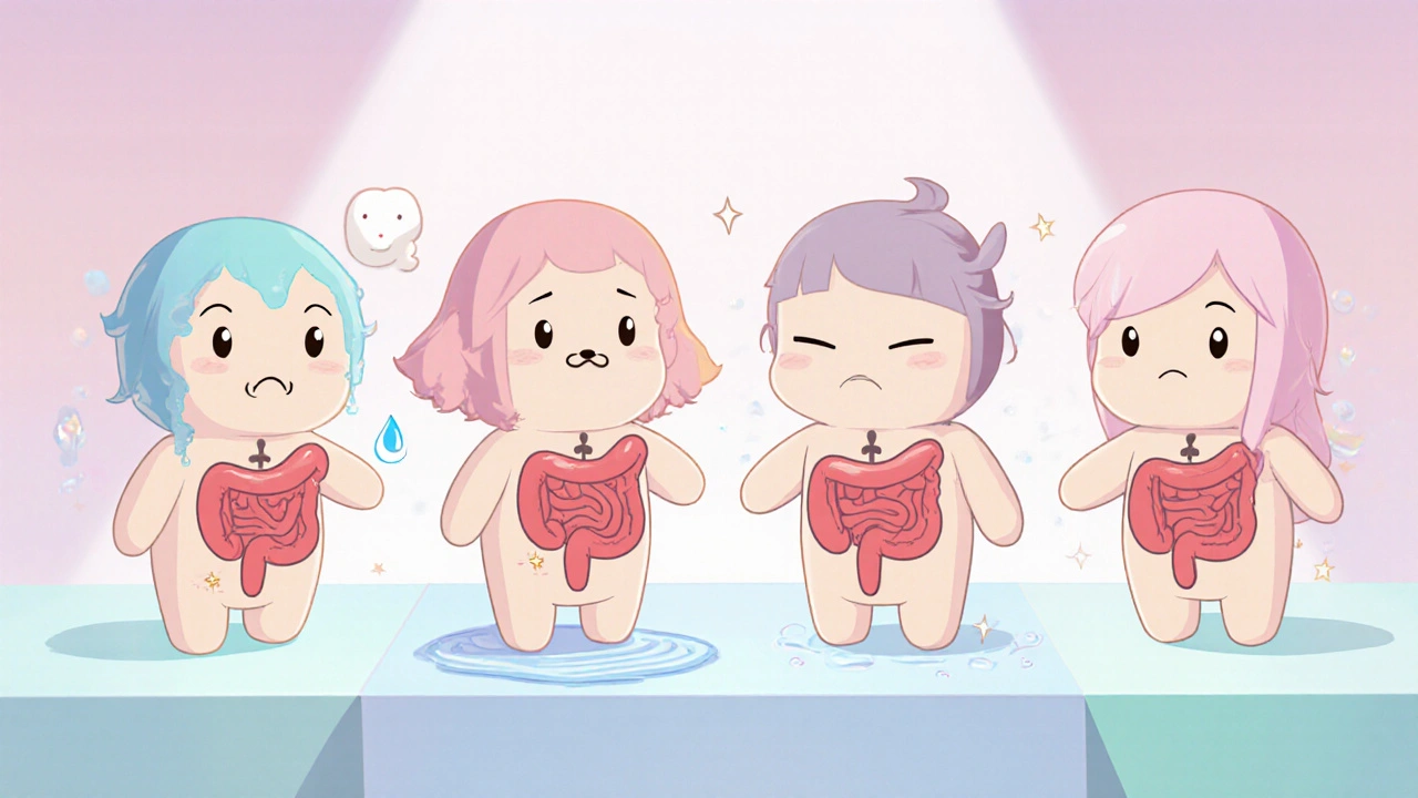 Four adorable characters showing different levels of GI side effects for cholesterol drugs.