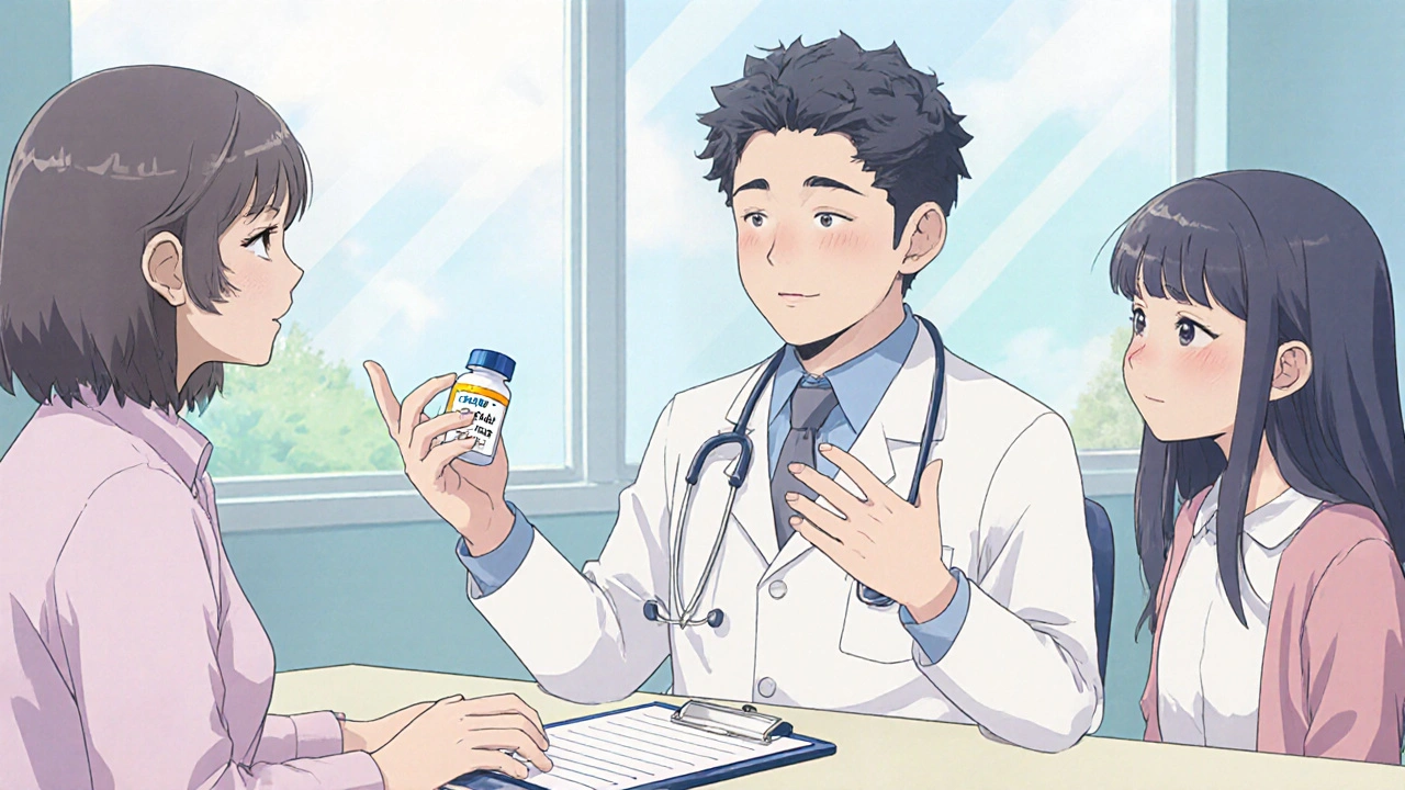 Friendly anime doctor talking with a girl and parent about medication alternatives.