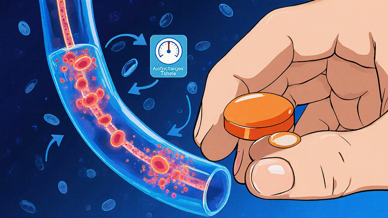 Hand holding two Valacyclovir tablets beside a bloodstream diagram showing high drug levels.