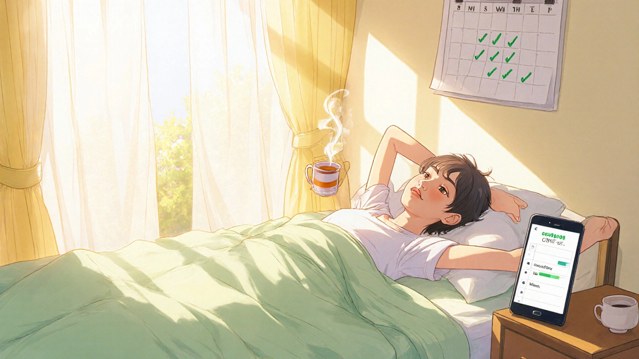 Happy person stretching in bright morning light holding a tea cup, with checkmarks on a calendar.