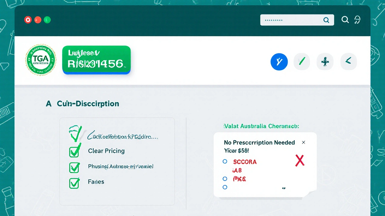 Illustrated pharmacy website showing TGA badge, prescription upload, and safety checklist.