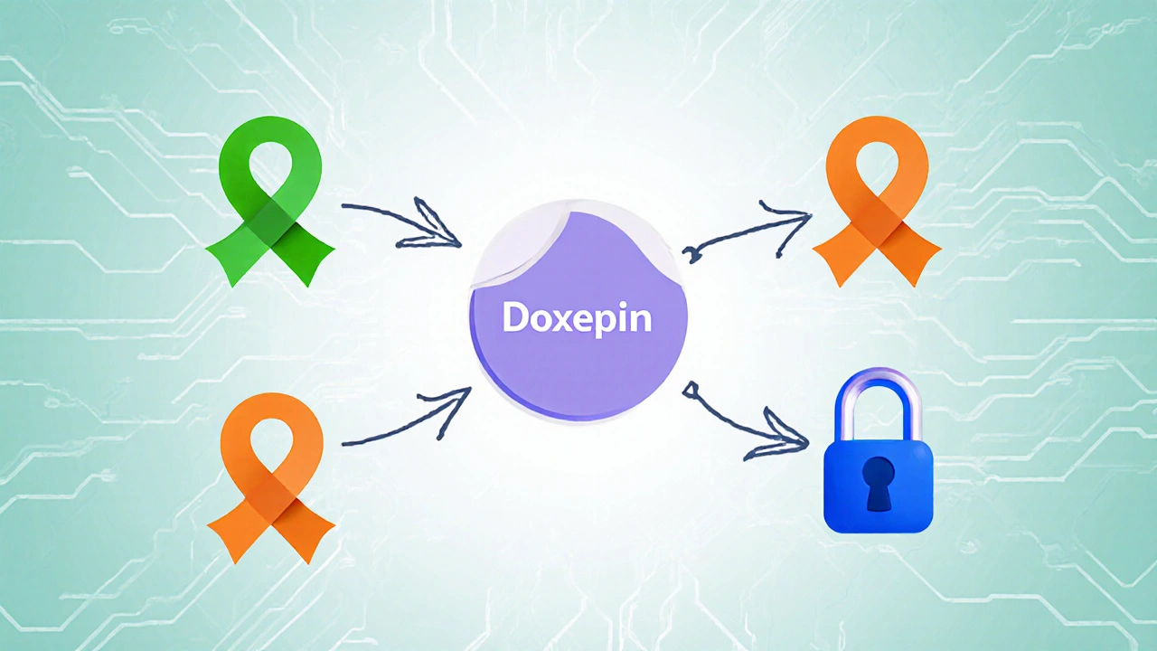 Illustration showing Doxepin blocking serotonin, norepinephrine transporters and histamine H1 receptors.