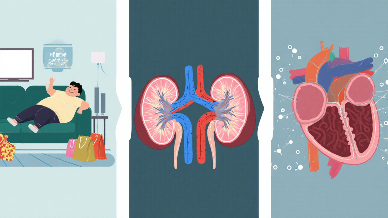 Illustration showing obesity, kidney disease, and a heart defect in three linked scenes.