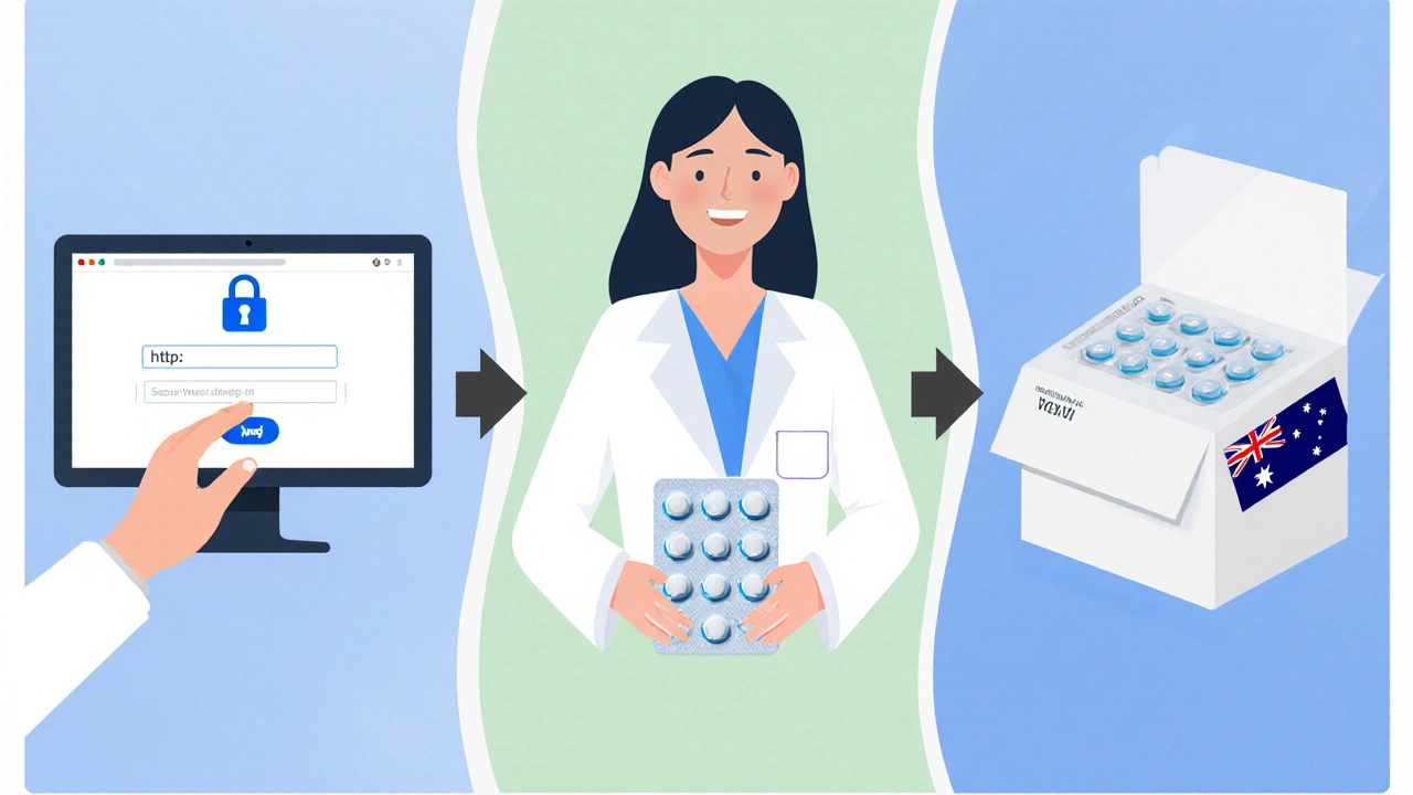 Illustration showing prescription upload, pharmacist, delivery box, and sealed pill pack.
