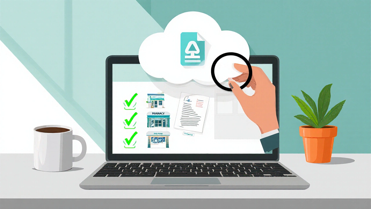 Laptop screen showing a checklist with icons for pharmacy and prescription upload.