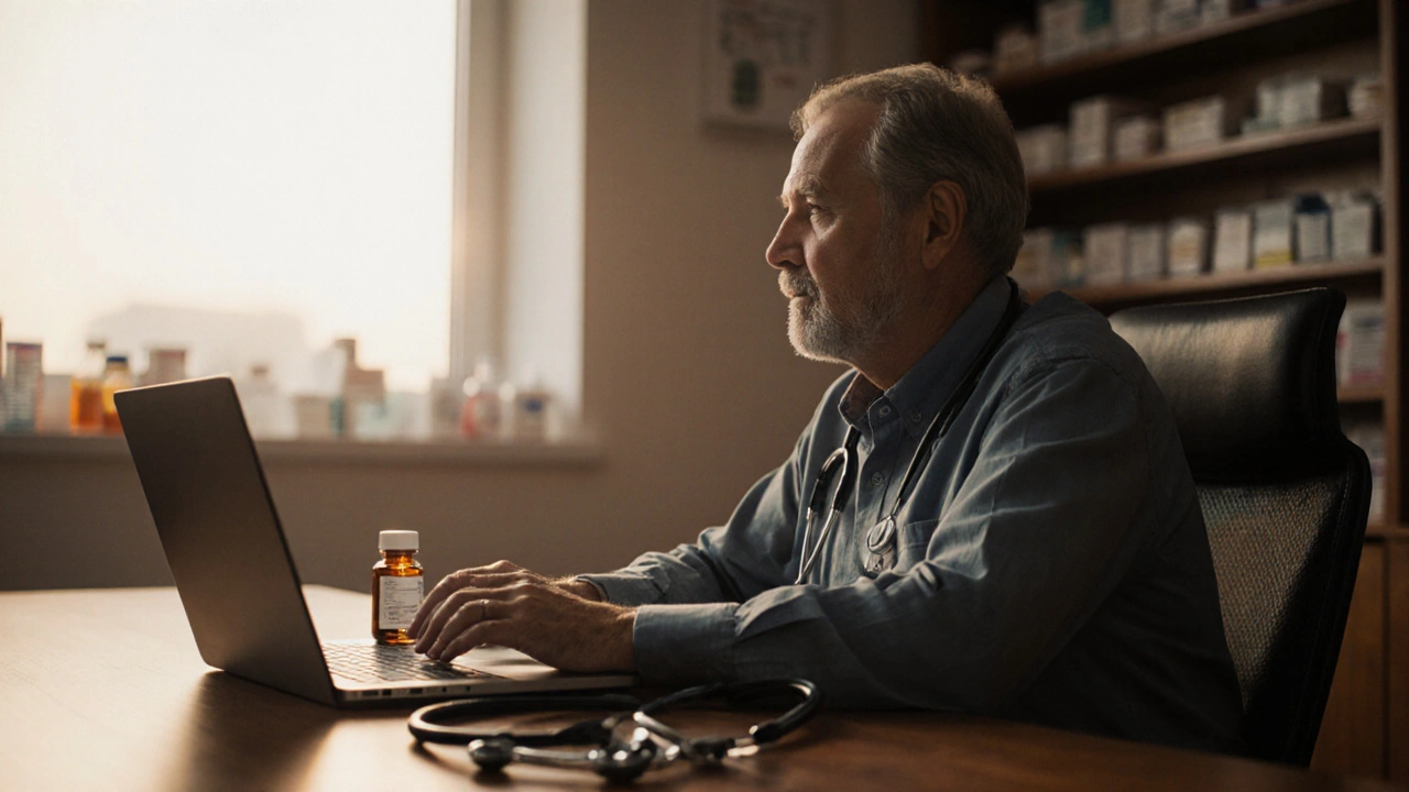 Man at a desk contemplating medication options with a stethoscope nearby.