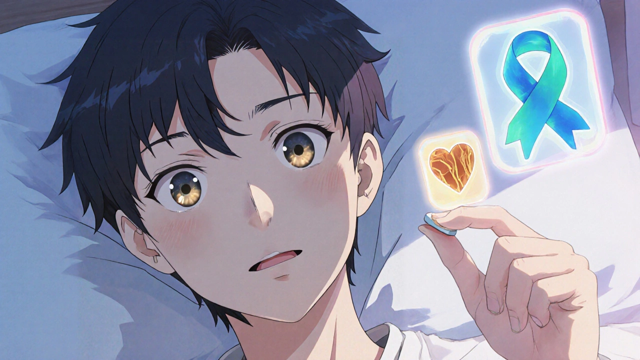 Moe anime close‑up of a man holding Extra Super Cialis with glowing symbols for dapoxetine and tadalafil.
