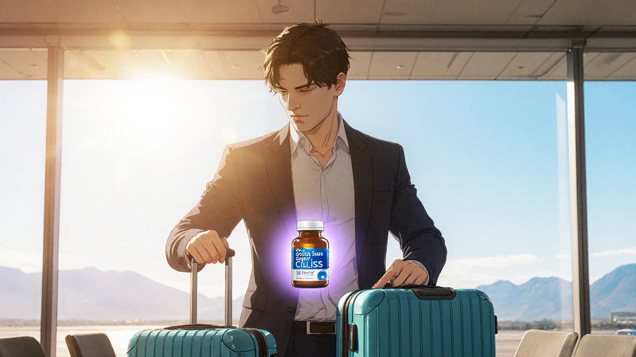 Moe anime scene of a man traveling confidently, surrounded by a subtle aura indicating long‑lasting effect.