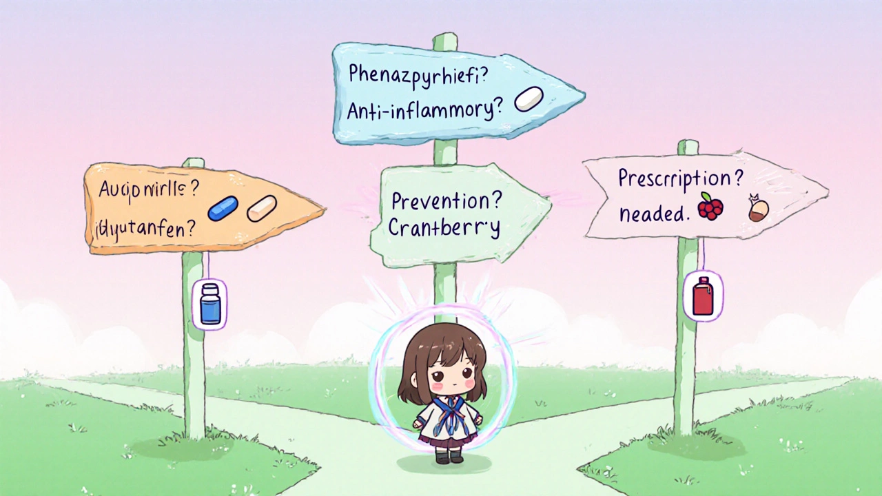 Moe‑style flowchart showing different UTI relief options with character at a fork.
