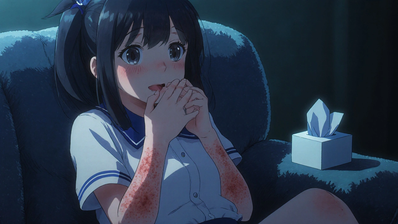 Moe‑styled girl with red hives and swollen lips, looking uncomfortable.