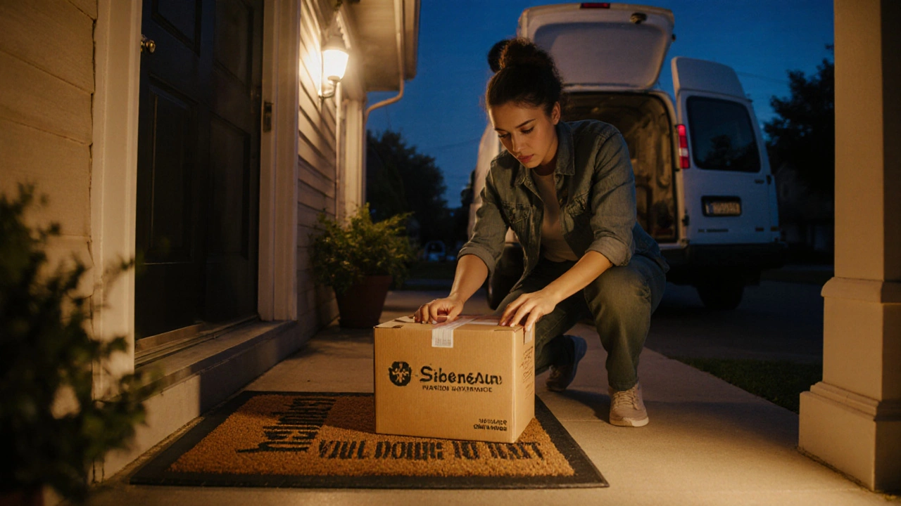 Person receiving a sealed pharmacy box at doorstep in warm evening light.