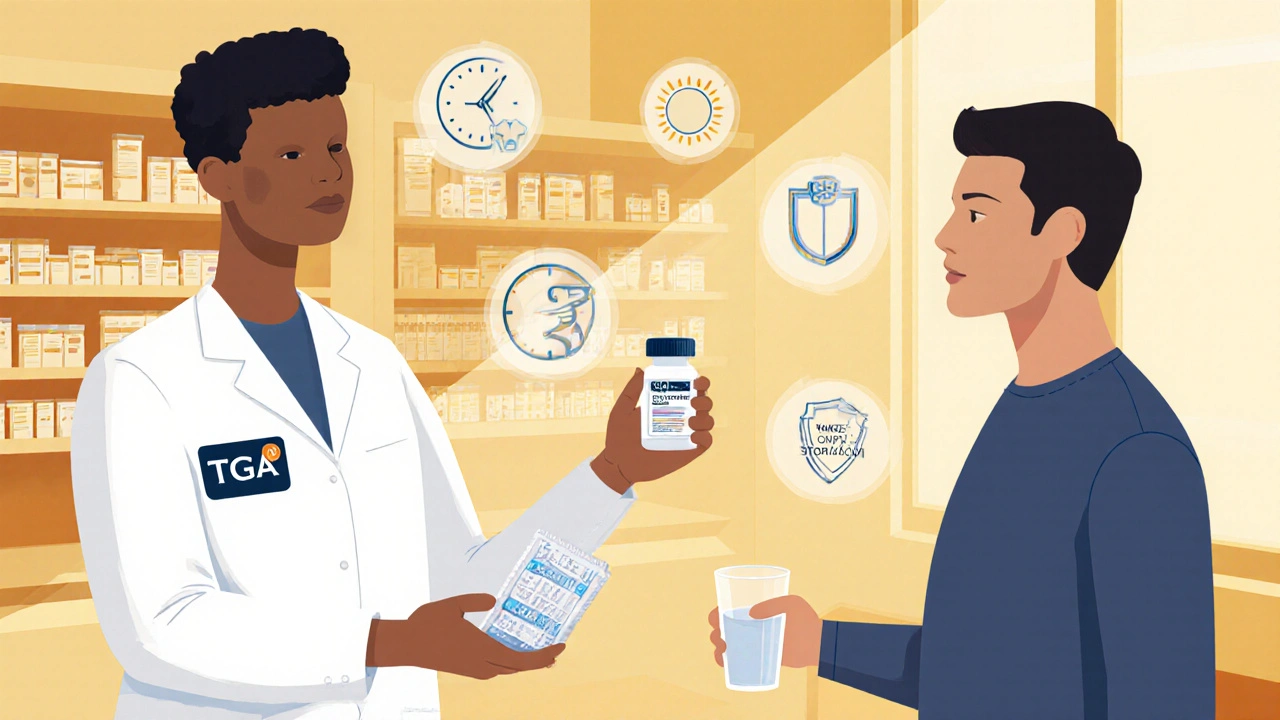 Pharmacist gives patient generic tetracycline with dosage and sun protection icons.