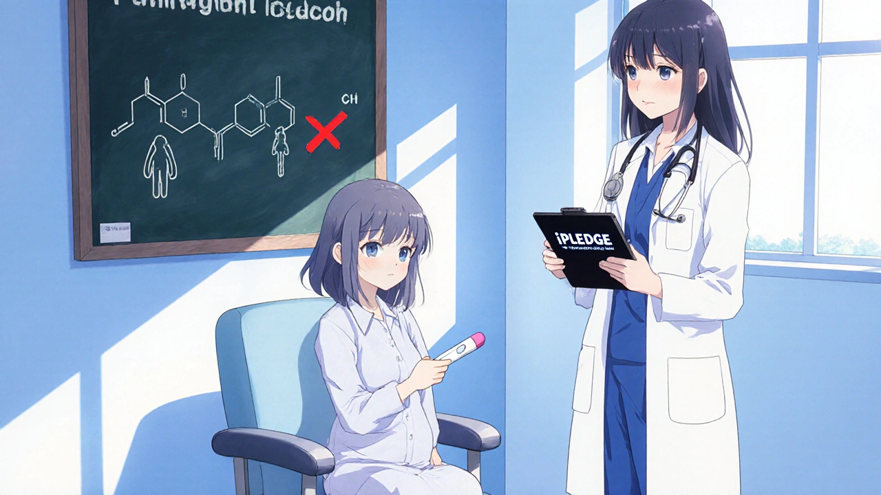 Pregnant patient with test and doctor showing iPLEDGE info in a clinical room.