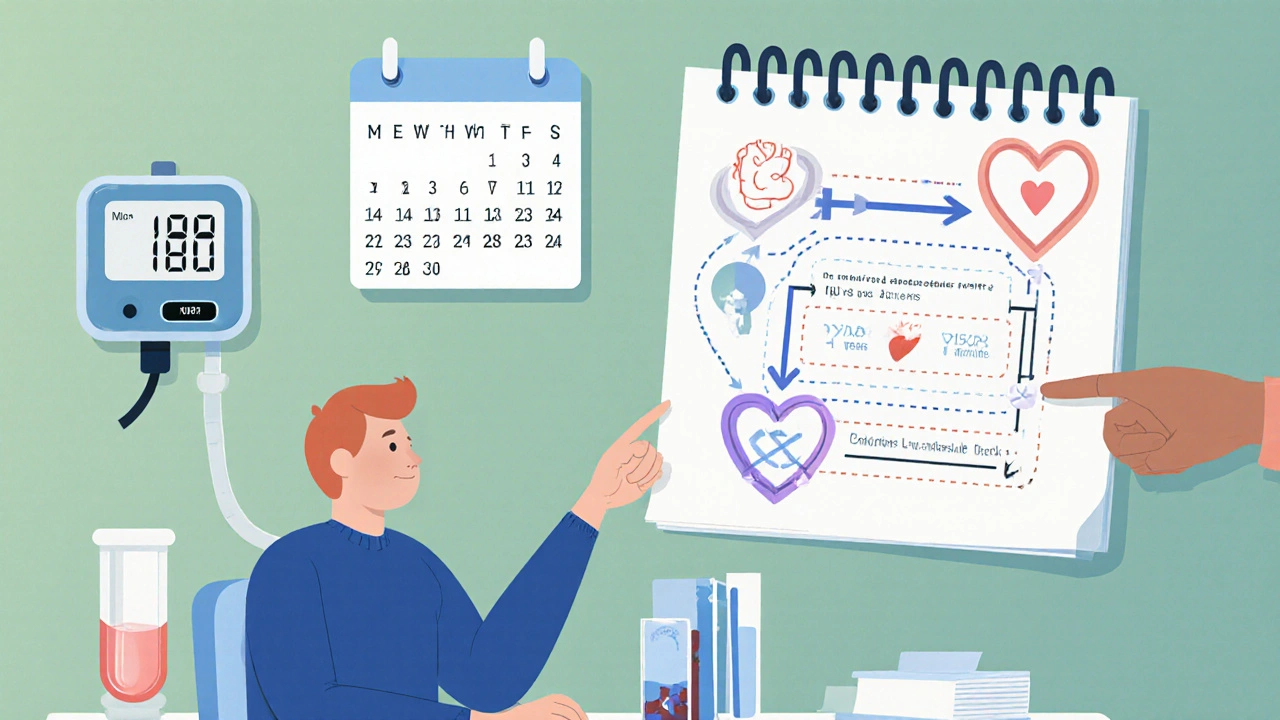 Scene of patient monitoring blood pressure and labs, with a heart calendar indicating long‑term benefits.