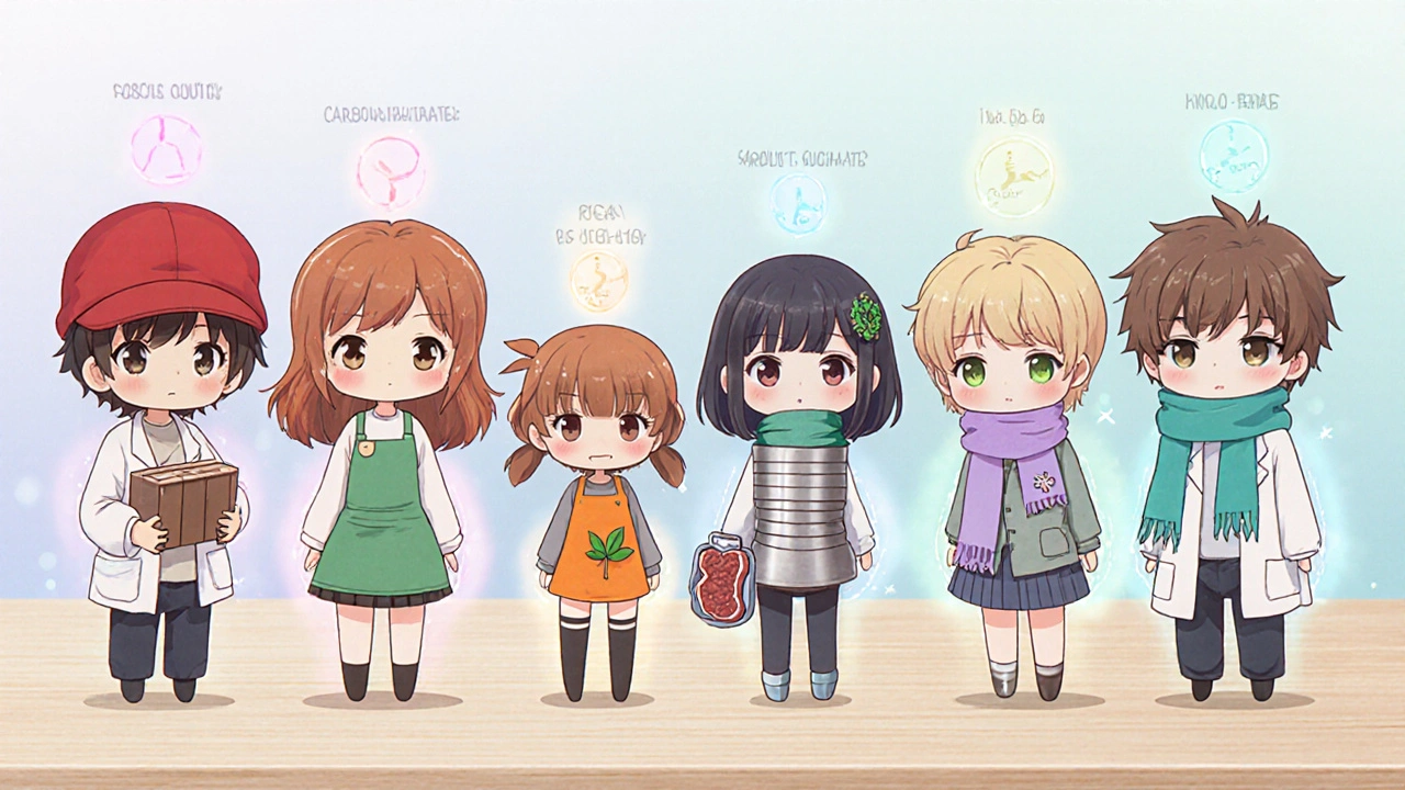 Seven cute characters each representing a different iron supplement.