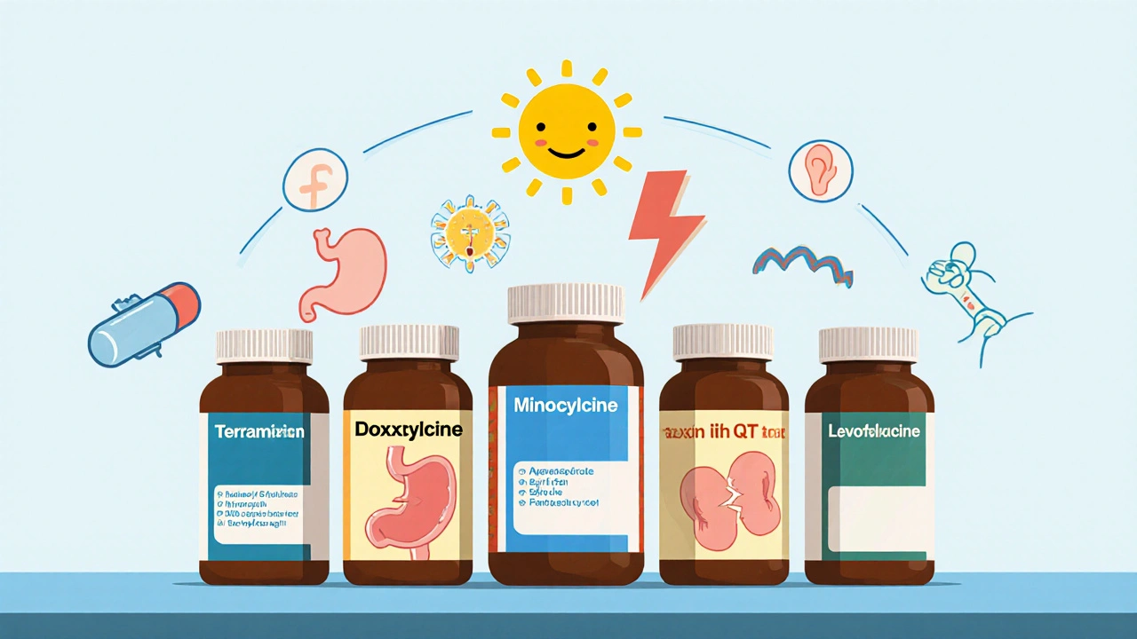 Six antibiotic bottles arranged with symbols for photosensitivity, GI upset, QT risk, tendon damage, ear infection, and resistance.