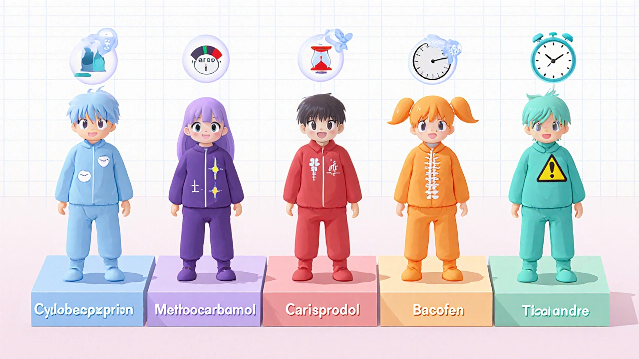 Six moe characters representing different muscle relaxants each on labeled platforms.