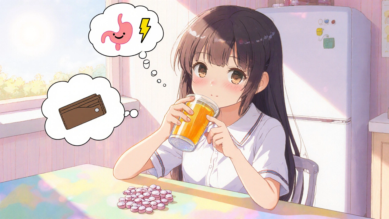 Teen drinking orange juice with iron pills, thinking about cost, tolerance, and absorption.