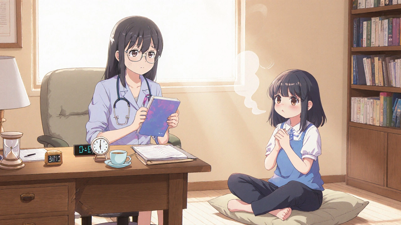 Therapist and client discussing sleep diary in a warm, cozy office.
