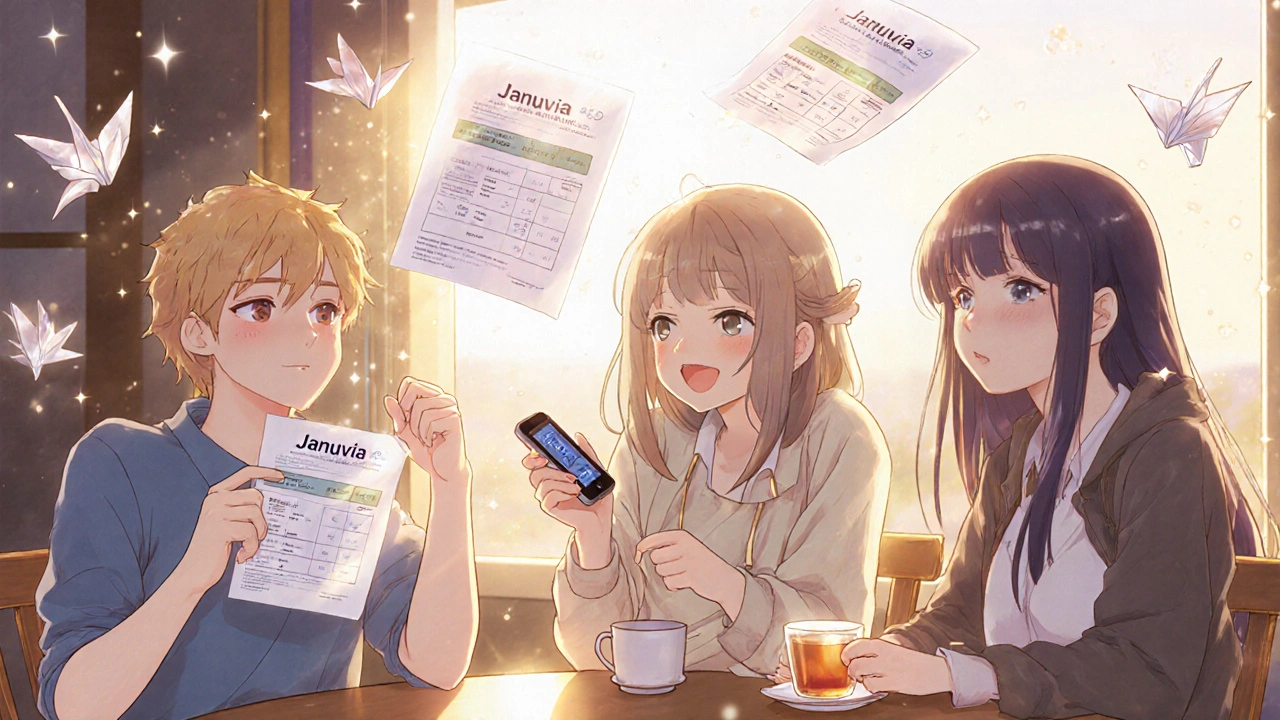 Three friends laugh at a café with floating medication comparison charts and a cup of tea.