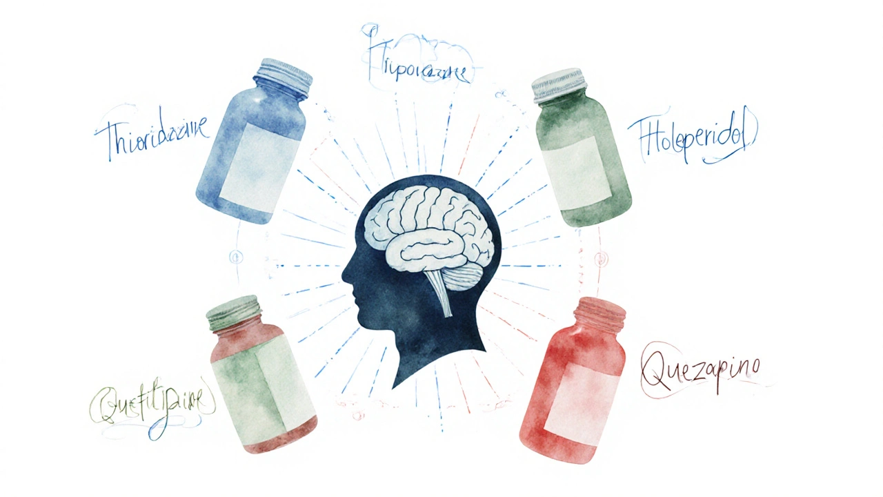 Watercolor of six colored pill bottles surrounding a brain silhouette.