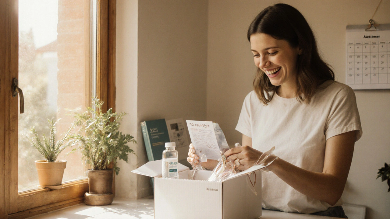 Woman opening a delivery box with tablet bottle on a sunny kitchen counter.