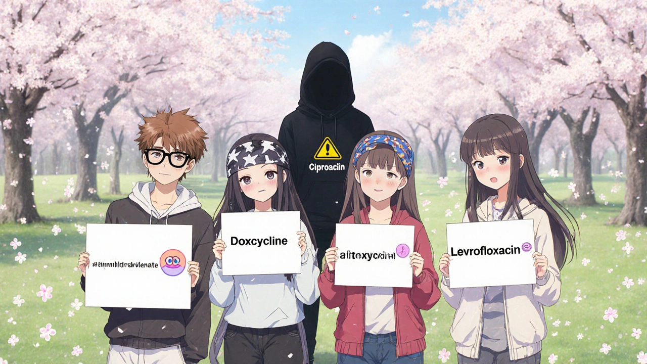 Young adults holding signs of alternative antibiotics in a park, while ciprofloxacin fades in the background under falling cherry blossoms.