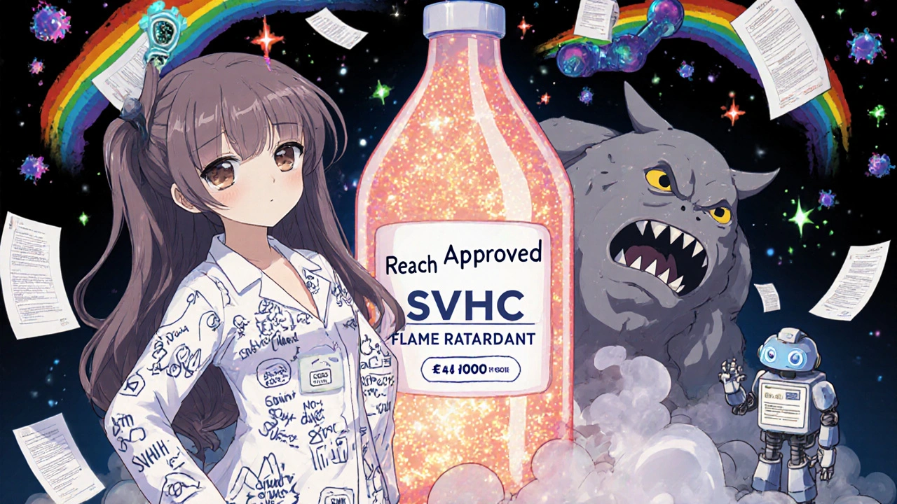 A chemist stands beside a glowing safe chemical alternative, while a toxic substance fades away in a lab.