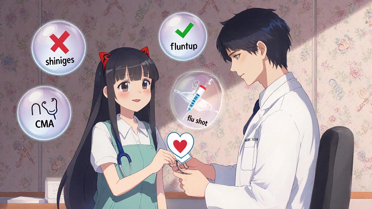 A doctor and patient exchange a vaccination card in a warm clinic with floating medical icons.